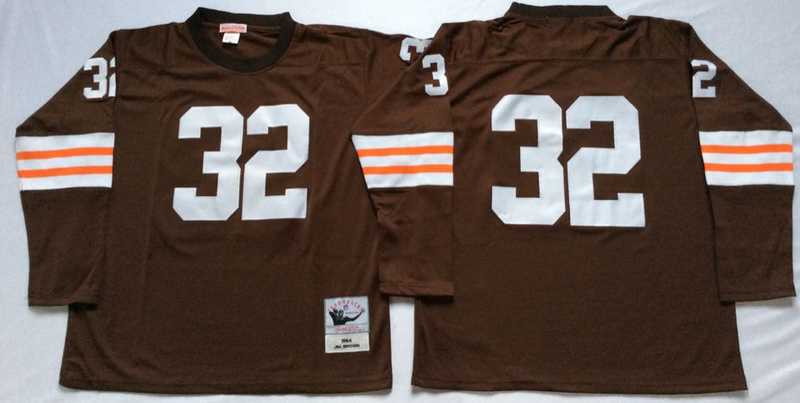 Browns 32 Jim Brown Brown Long Sleeve M&N Throwback Jersey
